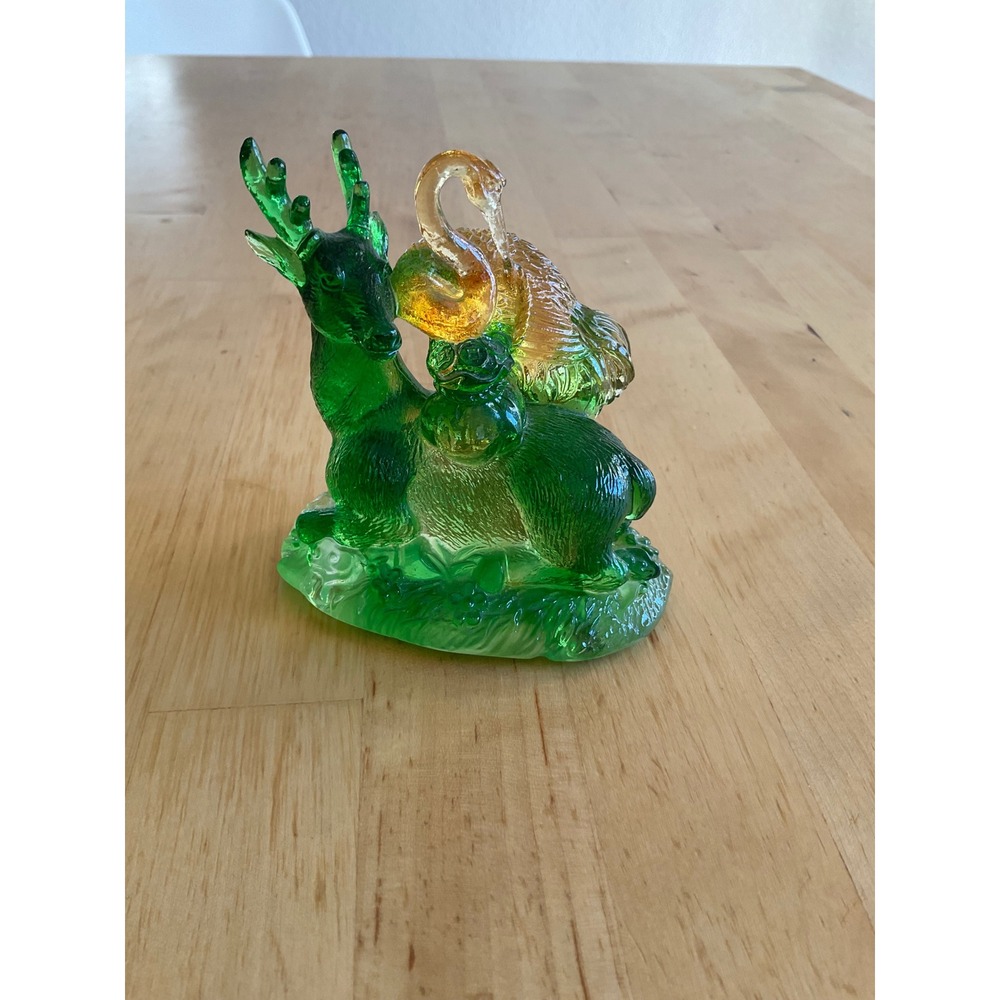 Green Glass Deer and Amber Swan Figurine Collectible Animal Decor 082342